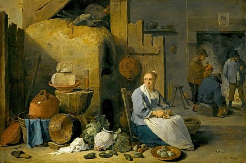 Interior view of a barn with a maid preparing vegetables (1643), painting by David Teniers