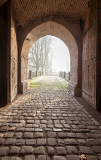 Old powerful entrance gate to Bladenhorst Castle in autumn, Castrop Rauxel, Ruhr area, North