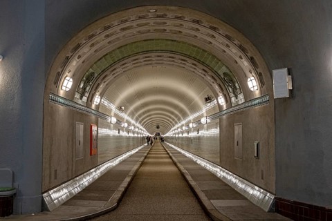 People, pedestrians, Old Elbe Tunnel, Hamburg, Germany