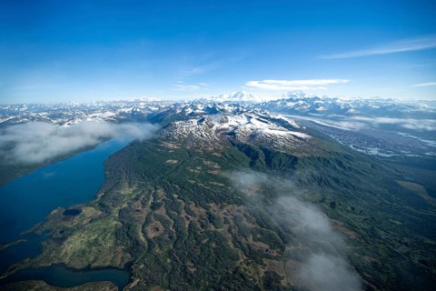 Chelatna Lake, Mt Foraker and Mt Denali or Mount McKinley, aerial view, Alaska Range, Denali