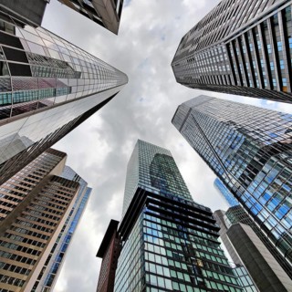 Frog's-eye view of the skyscrapers in the banking district, Four Frankfurt, Frankfurt am Main,