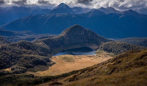 Mountain landscape with lake. View from Mount Burns, Borland Road Area, Fiordland National Park,