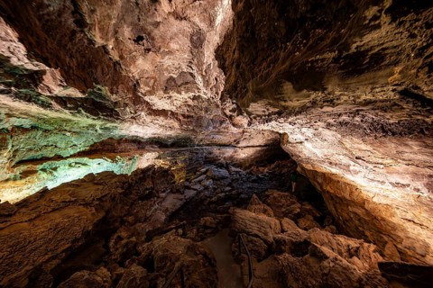 Underground cave formed by lava flow, illuminated lava cave, Cueva de los Verdes, Lanzarote, Canary