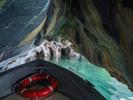 Excursion boat inside the marble caves, Puerto Sanchez, lake Lago General Carrera, Chile