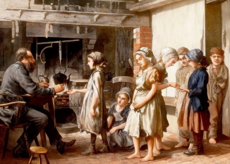 Historical illustration, compensation or payment for child labor, children receiving wages,