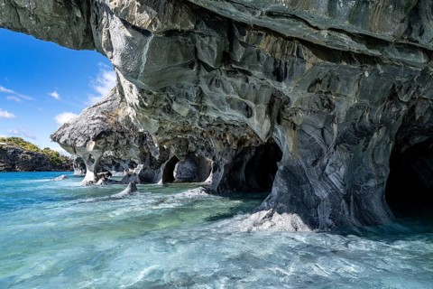 Marble caves (Capillas de Mármol), eroded marble formations with turquoise-coloured water of Lago