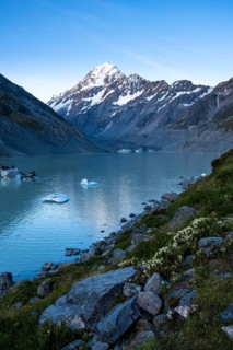 Mountainous landscape. Hooker Lake and Aoraki Mount Cook. evening light. Aoraki Mount Cook National