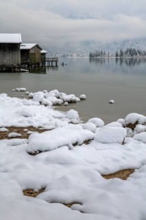 Snow, lake, wooden huts, trees, reflection, clouds, onset of winter, Kochel, Alpine foothills,