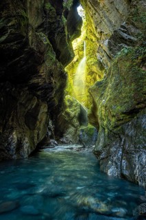 Waterfall in rocky gorge, Wilson Creek Chasm (Wilson Creek Canyon, Wilson's Creek), Haast Pass,