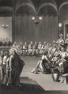 Jesus Washes the Disciples' Feet, New Testament, steel engraving 1853, digitally restored