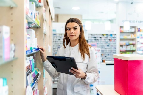 Pharmacist woman in white coat holding a clipboard, standing by shelves and checking inventory of