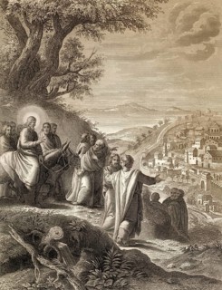 Jesus riding a donkey to Jerusalem, New Testament, steel engraving 1853, digitally restored