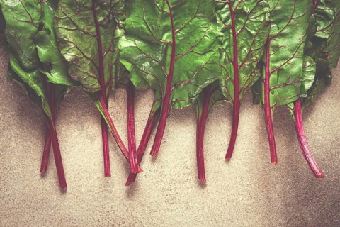 Fresh, green leaves, stem with beet leaves, on the table, top view, rustic, no people