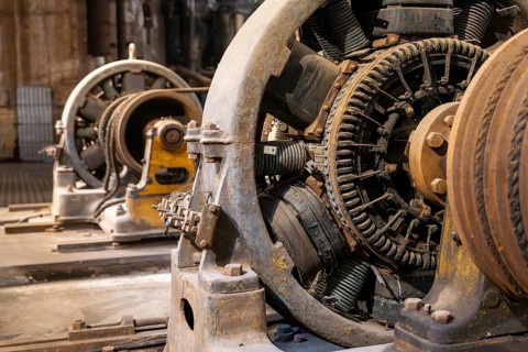 Old, rusted generator with exposed copper windings and stator coils in a disused industrial plant,