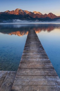 Lake, reflection, footbridge, fog, sunrise, morning mood, mountains, mountain landscape, spring,