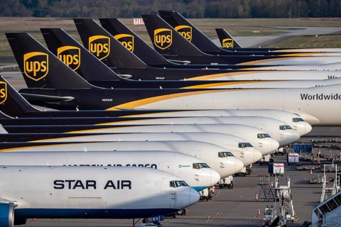 Cologne-Bonn airport, CGN, air freight center, UPS Logisic Hub, UPS cargo aircraft on the apron,