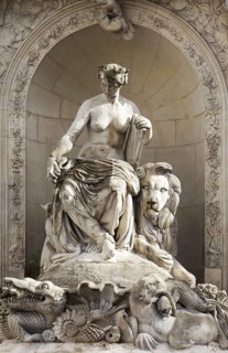 Cuvier fountain, Fontaine Cuvier, neoclassical fountain with allegorical figure and animal figures,