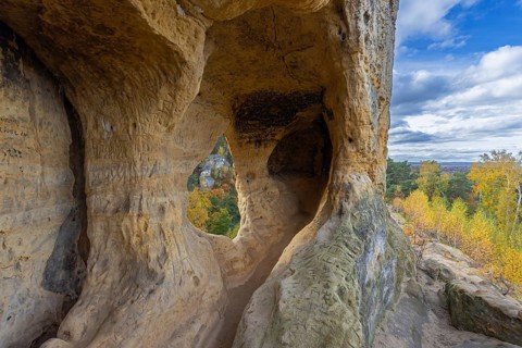 Klusfelsen, sandstone rock formation in Goslar near Halberstadt on the edge of the Harz Mountains,