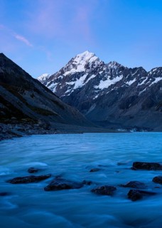 Mountainous landscape. Hooker Lake, Hooker River, and Aoraki Mount Cook. evening mood. Aoraki Mount