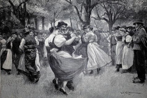 Church Christmas in Lower Austria, around 1899, couples in traditional costume and dirndl dancing,