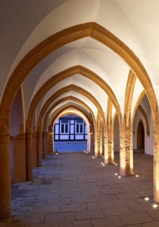 Open hall, arcade at the late Gothic town hall in Goslar in the evening, UNESCO World Heritage