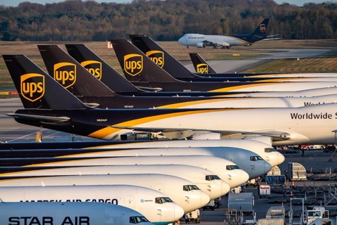 Cologne-Bonn airport, CGN, air freight center, UPS Logisic Hub, UPS cargo aircraft on the apron,