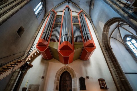 Organ interior view, Ritterstiftskirche, collegiate church St. Peter, Bad Wimpfen, Kraichgau,