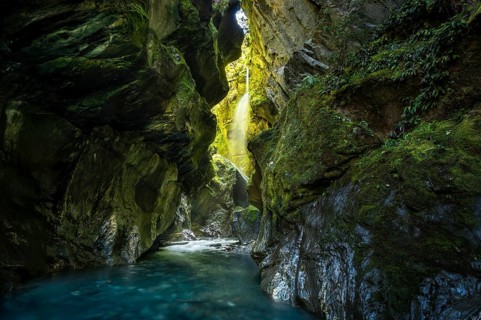 Waterfall in rocky gorge, Wilson Creek Chasm (Wilson Creek Canyon, Wilson's Creek), Haast Pass,