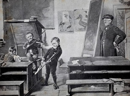 Young musicians at school, the teacher looks at the scene skeptically, 1891, authentic, digitally
