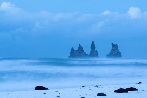 Reynisdrangar pinnacles, lava sandy beach, waves, sea, clouds, winter, Vik, Iceland, Scandinavia