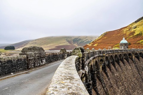 Autumn colors over Craig Goch Dam, Elan Valley Reservoirs, Elan Valley, Rhayader, Powys, Wales, UK