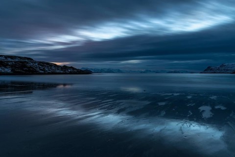 Evening in a sandy bay on the Norwegian European Sea, Söröya, Finnmark, November 2018