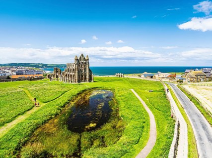 Whitby Abbey over River Esk from a drone, North Yorkshire, England, United Kingdom
