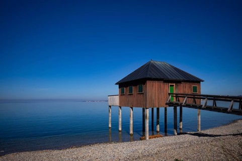 Public bathing establishment, seaside resort, outdoor pool, stilt house, Bregenz, Vorarlberg, Lake