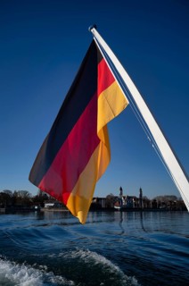 German flag, German flag, flying on ferry, Lindau behind, Bavaria, Lake Constance, Germany