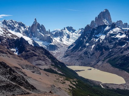 View from viewpoint Loma del Pliegue Tumbado, mountain range of Cerro Torre and Cerro Fitz Roy in