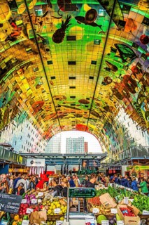 Markthal from 2014, offers over 100 food stalls and delicatessens with spectacular ceiling fresco