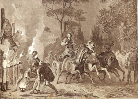 Emperor Nero looks at the burning of Christian martyrs in Rome, Paul's epistle, torture, torment,