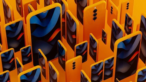 Many yellow frame smartphone exist with blue abstract art displayed on the screen. This creates a