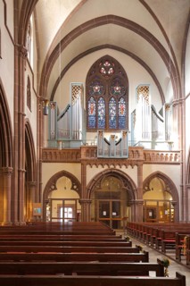 Interior view with gallery and organ of the neo-Gothic St. Peter's Church, Heppenheim, Bergstrasse,