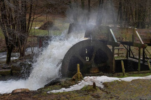 Waterwheel driven by floods, Egloffstein, Upper Franconia, Bavaria, Germany
