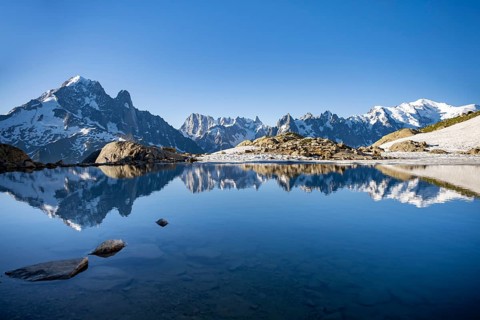 Mountain landscape in morning light, reflection in Lac Blanc, mountain peaks, Aiguille Verte,