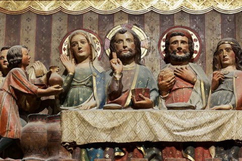 Wedding at Cana, transformation of water into wine, carving on the northern choir wall from the
