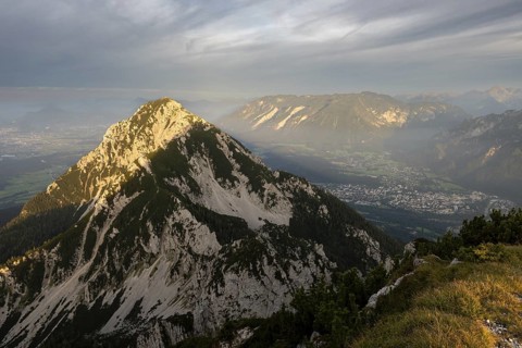 Sunset view from the summit of Zwiesel to Hochstaufen and of Salzburg and Bad Reichenhall, Chiemgau
