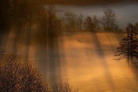 Railway line, sunrise and morning fog, Black Forest near Freudenstadt, Baden-Württemberg, Germany