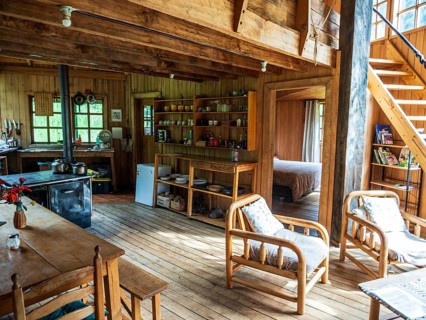Interior of refugio Rio Cisnes, hostel at the Carretera Austral, Aysen, Chile