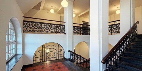 The old town hall in neo-gothic style, interior view of the stairwell, Papenburg, Emsland, Lower