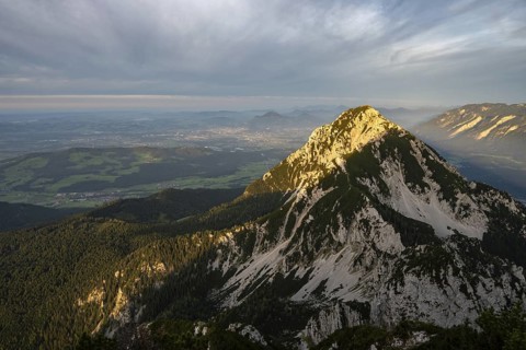 Sunset view from Zwiesel summit to Hochstaufen and Salzburg, Chiemgau Alps, Bavaria, Germany