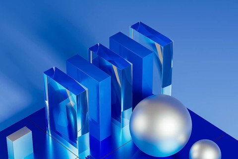 An array of geometric forms cast in blue illuminates a stunning 3D technological environment,