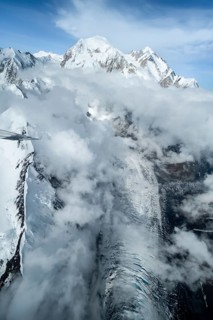Summit of Mt Denali or Mount McKinley with glacier, aerial view, Alaska Range, Denali National